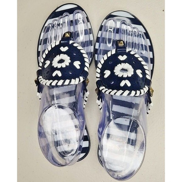 JACK ROGERS navy Blue Striped Rubber Medallion Whipstitch Jelly Thong Sandals 6 - Picture 6 of 10
